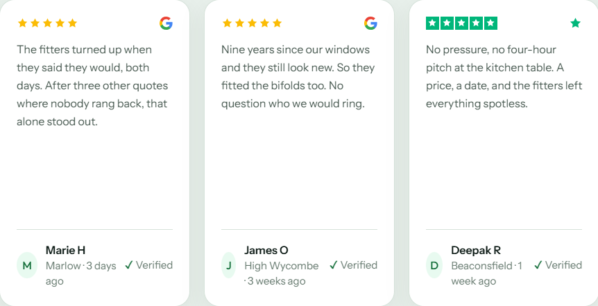 Three review widget cards showing five-star Google and Trustpilot reviews